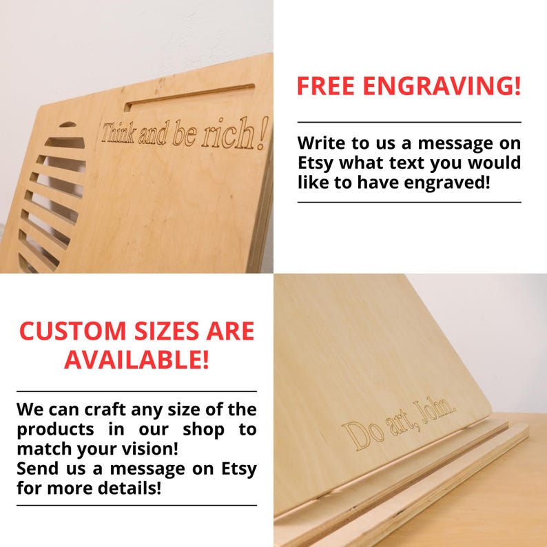 May include: A light-colored wooden laptop stand with a slatted design and the engraved text "Think and be rich!". The stand also features the engraved text "Do art, John". The image includes text that says "Free Engraving!" and "Custom Sizes Are Available!"