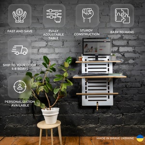 Wall Desk Workstation Standing Desk Personalized Gift Laptop Wooden Stand Adjustable Height Shelving Home Office Organization Floating Table image 10