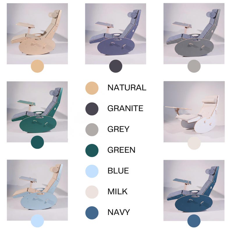 May include: A collection of wooden rocking chairs in various colors, including natural, granite, grey, green, blue, milk, and navy. Each chair features a headrest, armrests, and a small side table. The chairs are designed for comfort and relaxation.