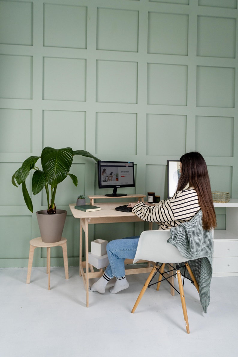 Computer Desk Wooden Plywood Furniture Home Office Desk with Flowerpot Stand Writing Table with Monitor Stand Office Gifts Home Workstation image 2