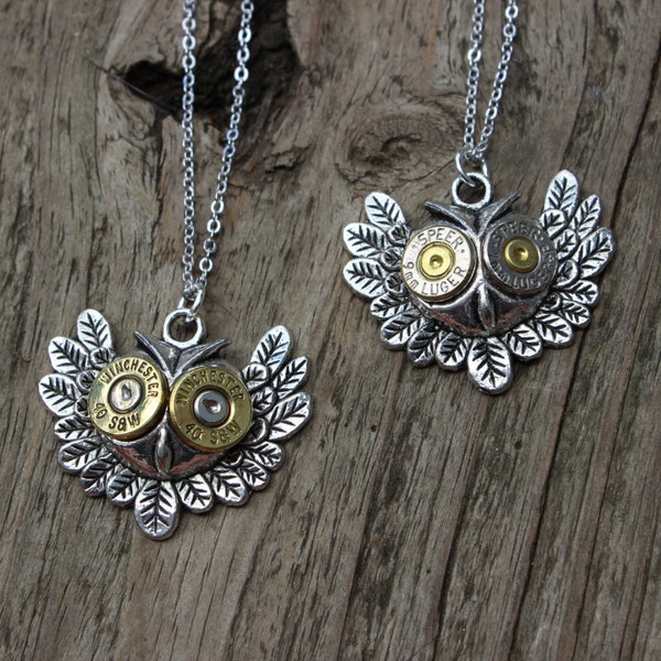 Handmade Owl Bullet Necklace in Silver OR Antique Brass, Owl Necklace, Bullet Jewelry, Owl Jewelry Gifts for Her