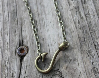 Handmade Antique Brass Fishing Hook Necklace for the Country Girl Fishing Necklace, Fish Hook Necklace Gifts for Her