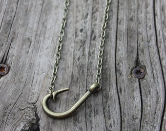 Handmade Antique Brass Fishing Hook Necklace for the Country Girl, Fishing Necklace, Fish Hook Necklace Gifts for Her