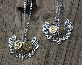 Handmade Owl Bullet Necklace in Silver OR Antique Brass, Owl Necklace, Bullet Jewelry, Owl Jewelry Gifts for Her