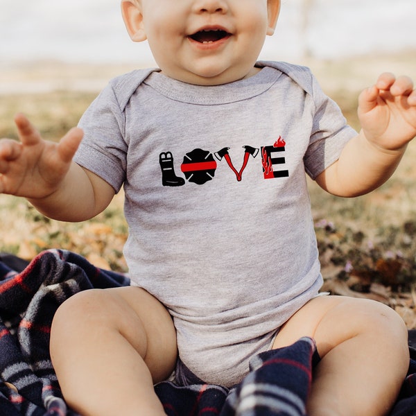 LOVE Firefighters Baby Creeper - Fireman - Red Line Flag - First Responder - Firefighter - Creeper Bodysuit Gifts for