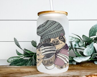 Hipster Sloth Cup Iced Coffee Cup Glass, Beer Can Glass, Hipster Sloth Coffee Cup, Glass Cup Coffee Can Beer, Sloth Soda Can Glass