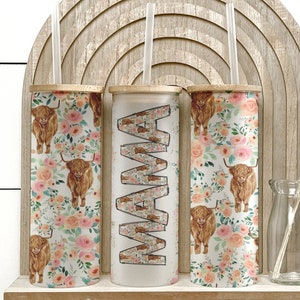 Highland Cow Mama 25oz Frosted Glass Tumbler, Highland Cow Mama Tumbler Gifts for Her