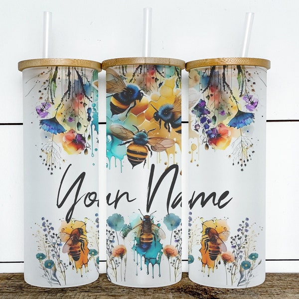 Bees and Sunflowers 25oz Frosted Glass Tumbler, Bee Tumbler Sunflower Tumbler Gifts for Her