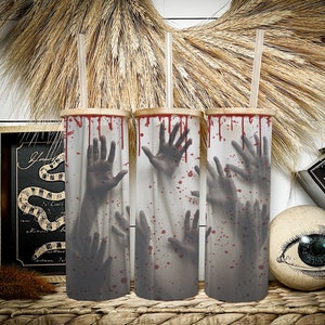 Halloween Bloody Hands 25oz Frosted Glass Tumbler, Halloween Creepy Tumbler Halloween Bloody Hands Tumbler