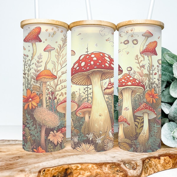 Cottagecore 25oz Frosted Glass Tumbler, Cottagecore Tumbler, Mushroom Tumbler Gifts for Her