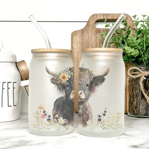 Baby Highland Cow Cup Iced Coffee Cup Glass, Beer Can Glass, Highland Cow Coffee Cup, Glass Cup Coffee Can Beer, Cow Gifts for Her