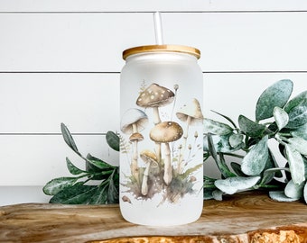 Cottagecore Cup Iced Coffee Cup Glass, Beer Can Glass, Cottagecore Coffee Cup, Glass Cup Coffee Can Beer, Mushroom Gifts for Her
