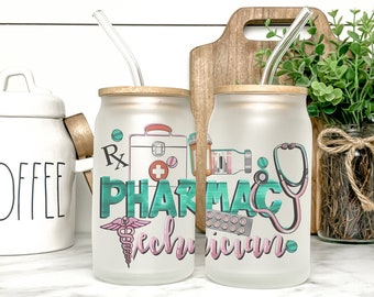 Pharmacy Technician Cup Iced Coffee Cup Glass, Beer Can Glass, Pharmacy Technician Iced Coffee Cup, Glass Cup Coffee Can Beer Gifts for Her