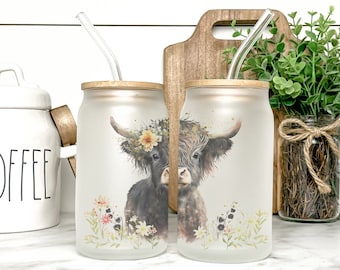 Baby Highland Cow Cup Iced Coffee Cup Glass, Beer Can Glass, Highland Cow Coffee Cup, Glass Cup Coffee Can Beer, Cow Gifts for Her