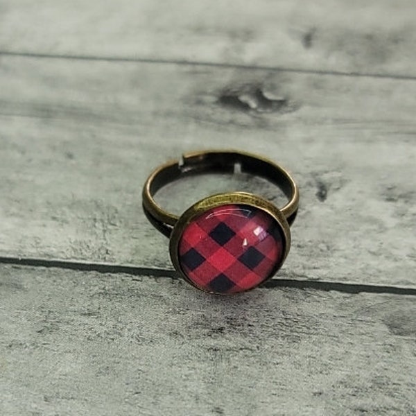 Plaid Ring, Red Plaid Ring, Red Buffalo Plaid Ring, Fall Plaid Ring, Fall Plaid, Fall Ring Fall Jewelry Gifts for Her