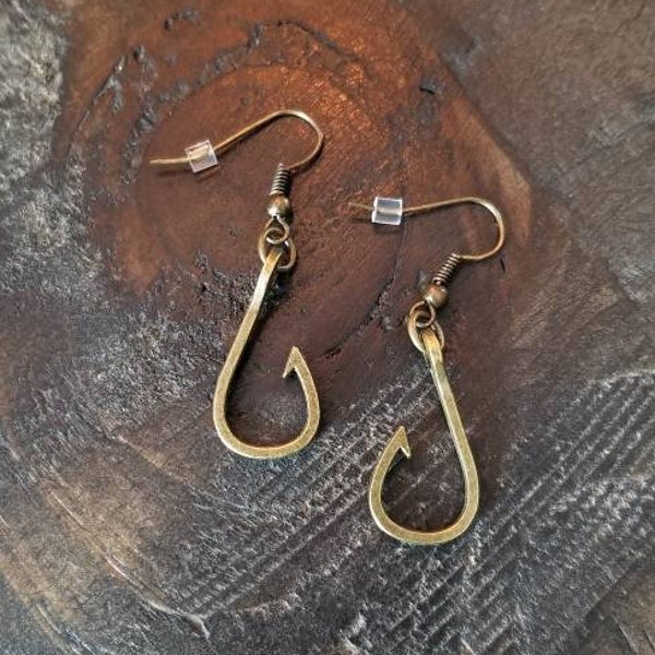 Handmade Antique Brass Fishing Hook Earrings for the Country Girl, Fish Hook Earrings, Fishing Earrings