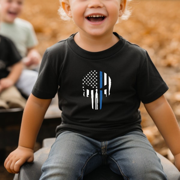 T-shirt Homme Manches Longues « Thin Blue Line » - Drapeau USA Police - 100% Coton - USA