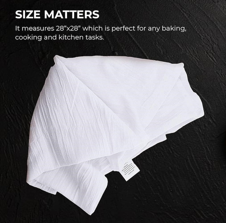 May include: White cotton kitchen towel folded on a black surface. It measures 28 inches by 28 inches. "SIZE MATTERS" is written in black text at the top of the image.