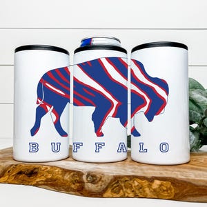 May include: Three white insulated beverage holders with a blue and red striped buffalo silhouette and the word "BUFFALO" printed below.