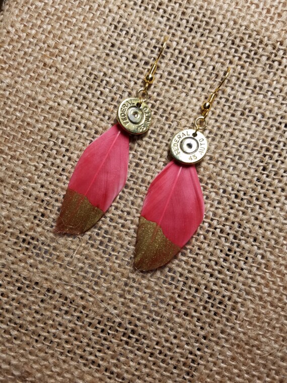 Handmade Bullet and Feather Earrings Scarlet/Gold Dipped for | Etsy