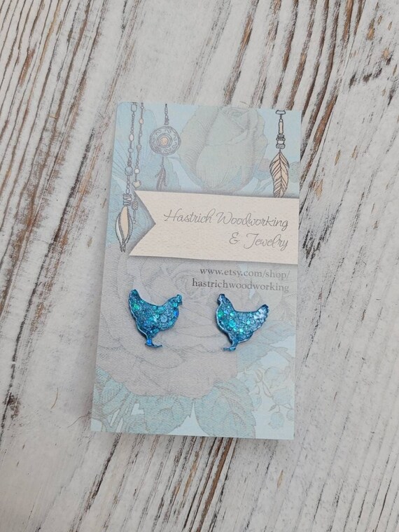 Glitter Chicken Stud Earrings, Chicken Earrings, Chicken Post Earrings, Gifts for Her, Glitter Earrings Gifts for Her