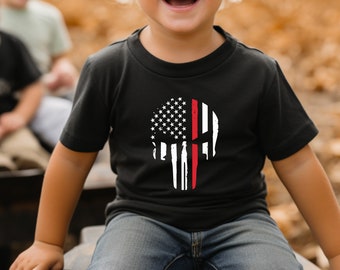 Thin Red Line Camiseta para niños pequeños Camiseta para niños - Bomberos- Militares - Bandera estadounidense - Bandera de la línea roja - Regalos de primeros auxilios para