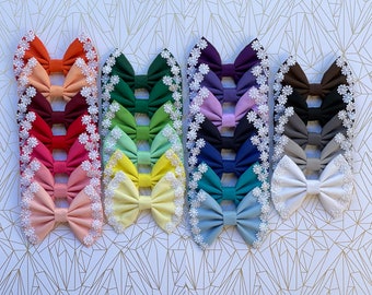 Fabric Hair Bow with White Floral Trim | Alligator Clip | Cotton Bow | Kids Hair Bows | Bow Clip