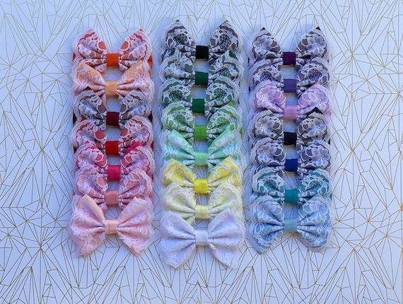 Fabric Hair Bow with White Lace Overlay | Cotton Bow | Kids Hair Bows | Hair Bow for Girls | Lace Hair Bow