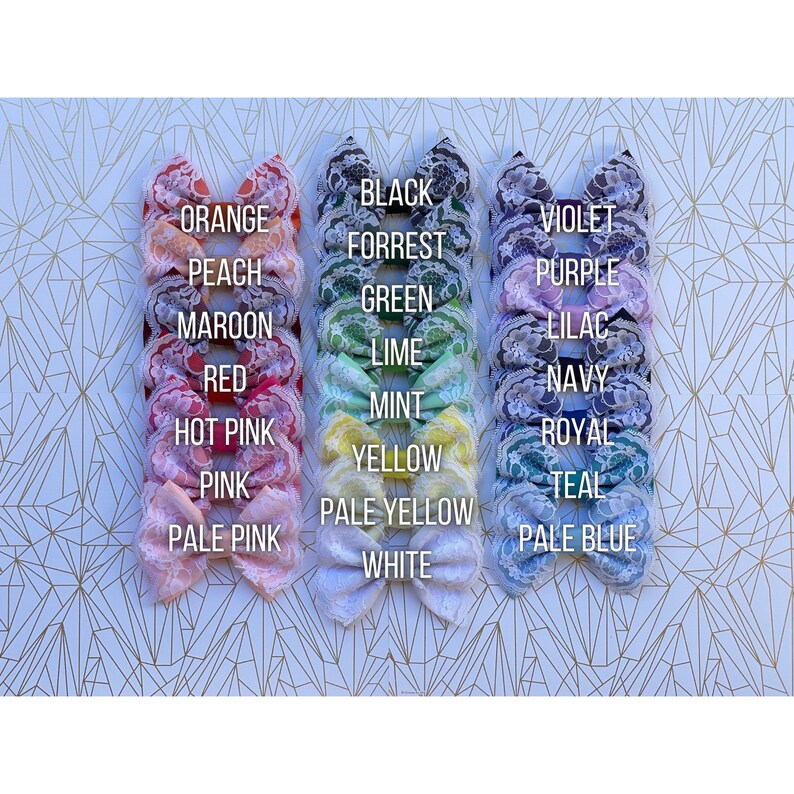 May include: A set of 20 lace hair bows in various colors, including orange, peach, maroon, red, hot pink, pink, pale pink, black, forrest green, lime, mint, yellow, pale yellow, white, violet, purple, lilac, navy, royal, and teal. The bows are arranged in two rows of ten, with the colors transitioning from orange to teal.