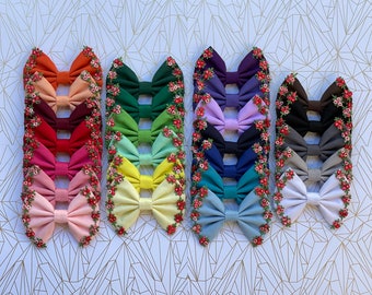 Fabric Hair Bow with Red Floral Trim | Alligator Clip | Cotton Bow | Kids Hair Bows | Bow Clip