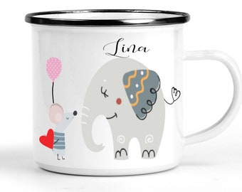 Emaille Tasse Kinder personalisiert - lustig Kindertasse klein mit Namen & Tieren