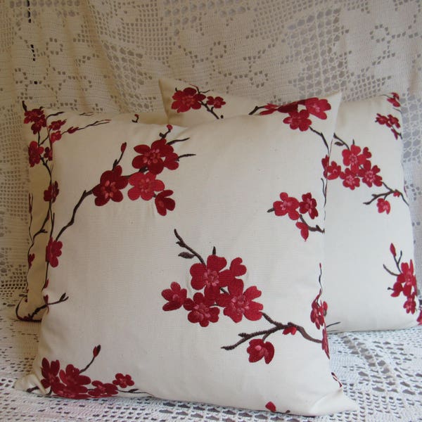 Red Flowered Embroidered Pillow, Throw Pillow, Pillow Cover, Cushion Cover, Accent Pillow, Zippered Pillow, Cherry Blossoms, Red Flowers