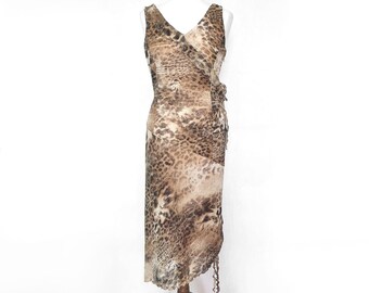 Vintage Leopard Print Midi Dress with Lining: Sleeveless Safari Style (Size 44)