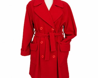 Casaco vintage de lã vermelha – Trench coat feminino com cinto e abotoamento duplo.