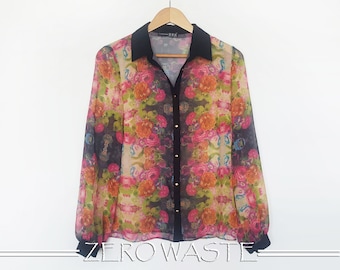 Blusa floral vintage: colores vibrantes, estilo clásico (tallas XS-M)