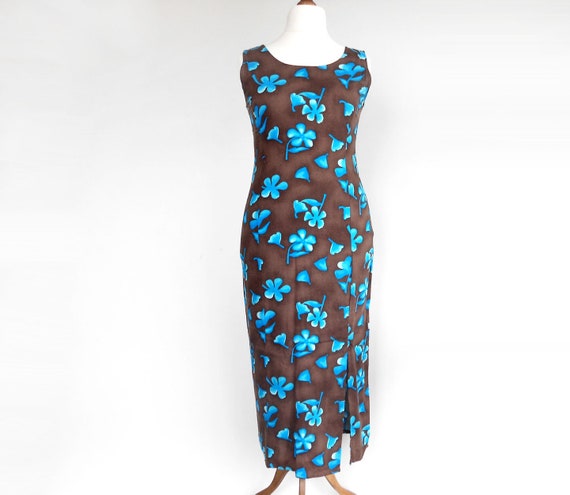 blue and brown midi dress Brown and Blue Tropical Flight Stripes Organic Cotton Midi Dress  FARM Rio