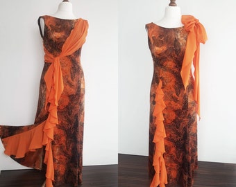 Vintage Orange and Brown Brocade Maxi Dress: XL Evening Party Long Dress
