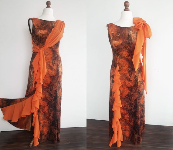 XL orange and brown long dress, Long party dress,