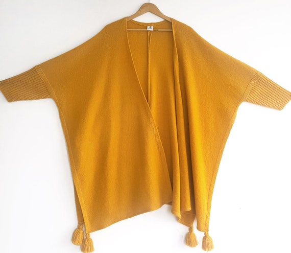 Knitted Yellow Cardigan, Vintage Yellow Poncho, Kn