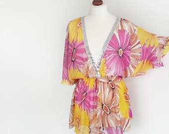 Blusa floral vintage: Top de verano rosa, amarillo y beige con lentejuelas plateadas Talla XXL
