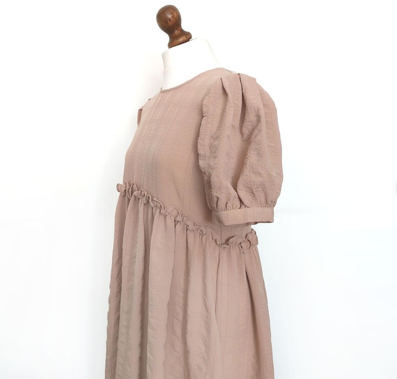 Vintage Beige Maternity Dress: Summer Midi with Puffy Sleeves, Size M Vintage Beige Maternity Dress: Summer Midi with Puffy Sleeves, Size M