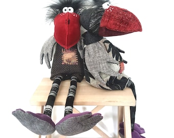 Cuervo grande hecho a mano, muñeco de cuervo artesanal, muñeca de cuervo de reliquia hecha a mano, muñeco de cuervo textil, muñeco de cuervo de trapo, regalo para baby shower, regalo para niños