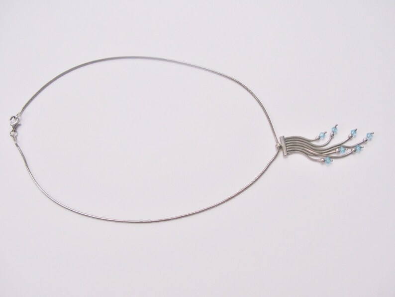 925 Tassel Pendant Snake Chain Necklace Cool Vintage Italian Blue Bicone Drop Bead Dangles Sterling Silver Fringe Modernist Minimalist