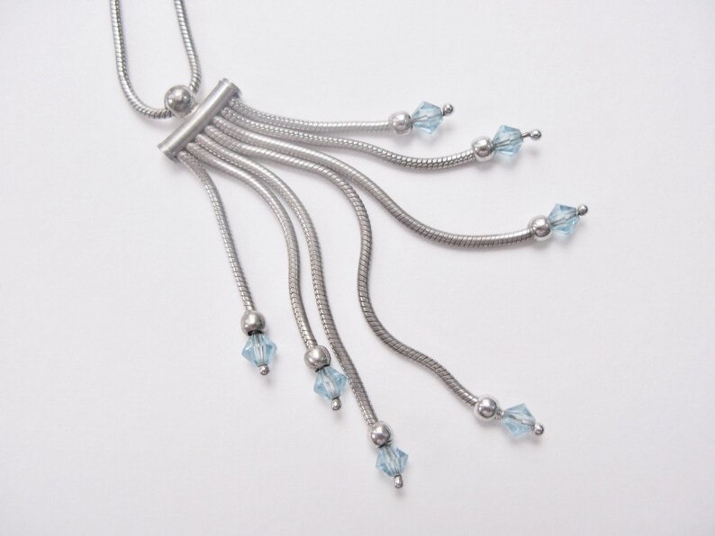 925 Tassel Pendant Snake Chain Necklace Cool Vintage Italian Blue Bicone Drop Bead Dangles Sterling Silver Fringe Modernist Minimalist