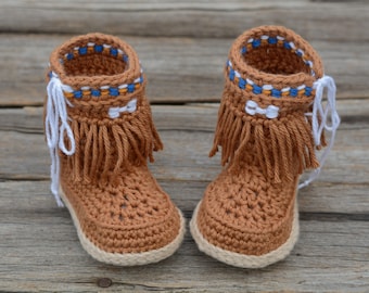 Ready to Ship!  6-9 Month Crochet Brown Moccasin Fringe Baby Boots