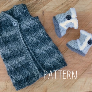 May include: A gray and white crocheted vest with a button closure and matching gray and white crocheted booties. The booties have a white fur trim and a button detail. The image includes the word "PATTERN".