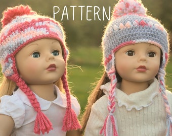 PDF Crochet Pattern - Candy Stripes Earflap Hat with Pom Pom for 18" Dolls