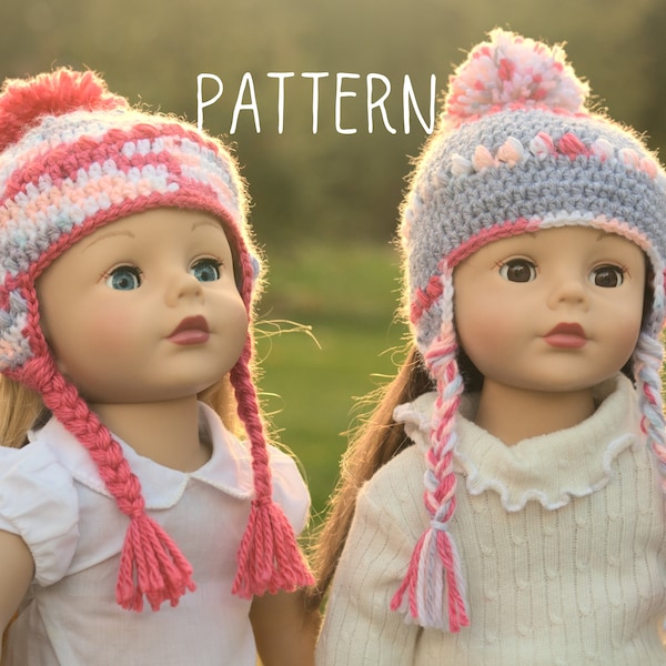 PDF Crochet Pattern - Candy Stripes Earflap Hat with Pom Pom for 18" Dolls