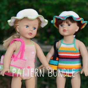 May include: Two dolls wearing crocheted swimwear and hats. The doll on the left is wearing a pink and green swimsuit with white flowers and a white hat with green trim. The doll on the right is wearing a rainbow striped swimsuit and a white hat with a turquoise trim. Both dolls are holding crocheted bags. The text "PATTERN BUNDLE" is visible in the image.