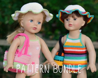 May include: Two dolls wearing crocheted swimwear and hats. The doll on the left is wearing a pink and green swimsuit with white flowers and a white hat with green trim. The doll on the right is wearing a rainbow striped swimsuit and a white hat with a turquoise trim. Both dolls are holding crocheted bags. The text "PATTERN BUNDLE" is visible in the image.